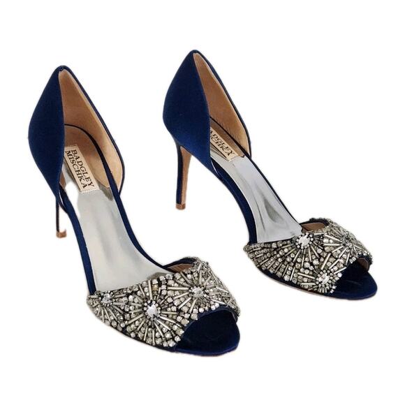 Badgley Mischka Candace Dress Pump Stormy Blue Peep Toe Embellished Size 9 1/2 - Picture 4 of 10